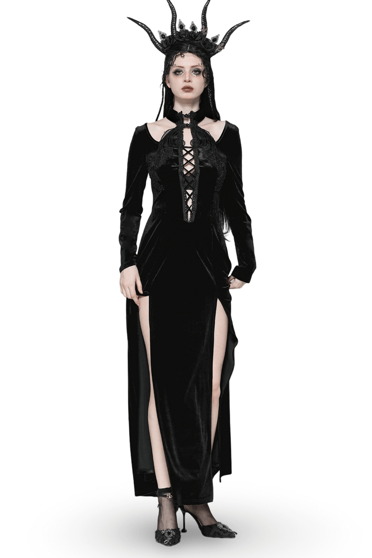 Gothic Lace-Up Velvet Dress with Ruffled Details and Slit - image 1