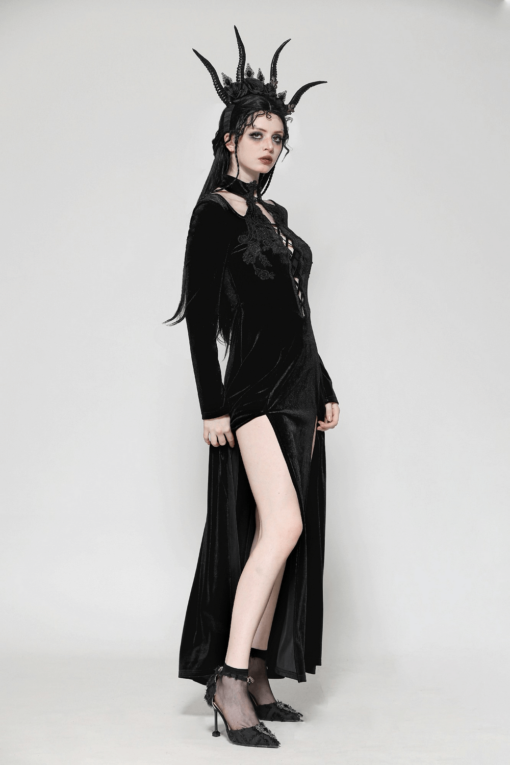 Gothic Lace-Up Velvet Dress with Ruffled Details and Slit - image 15