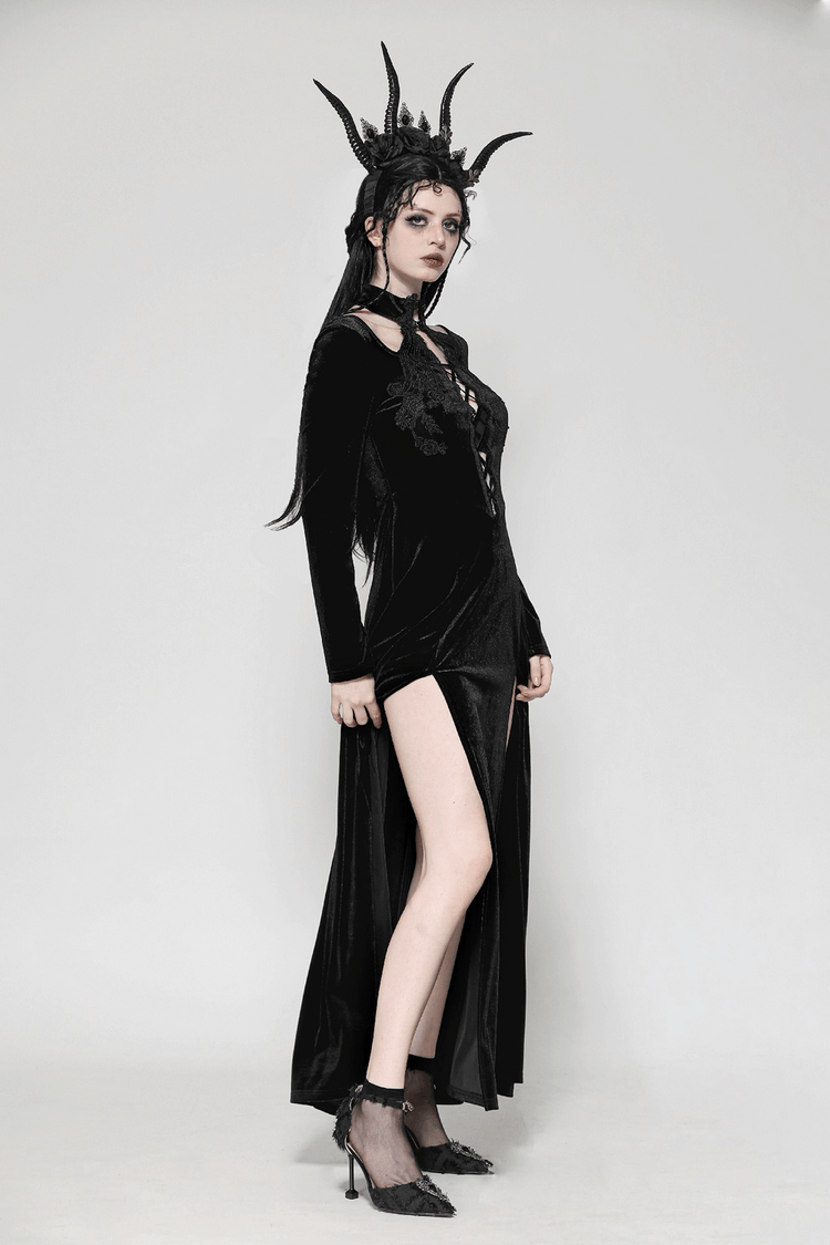 Gothic Lace-Up Velvet Dress with Ruffled Details and Slit - image 15