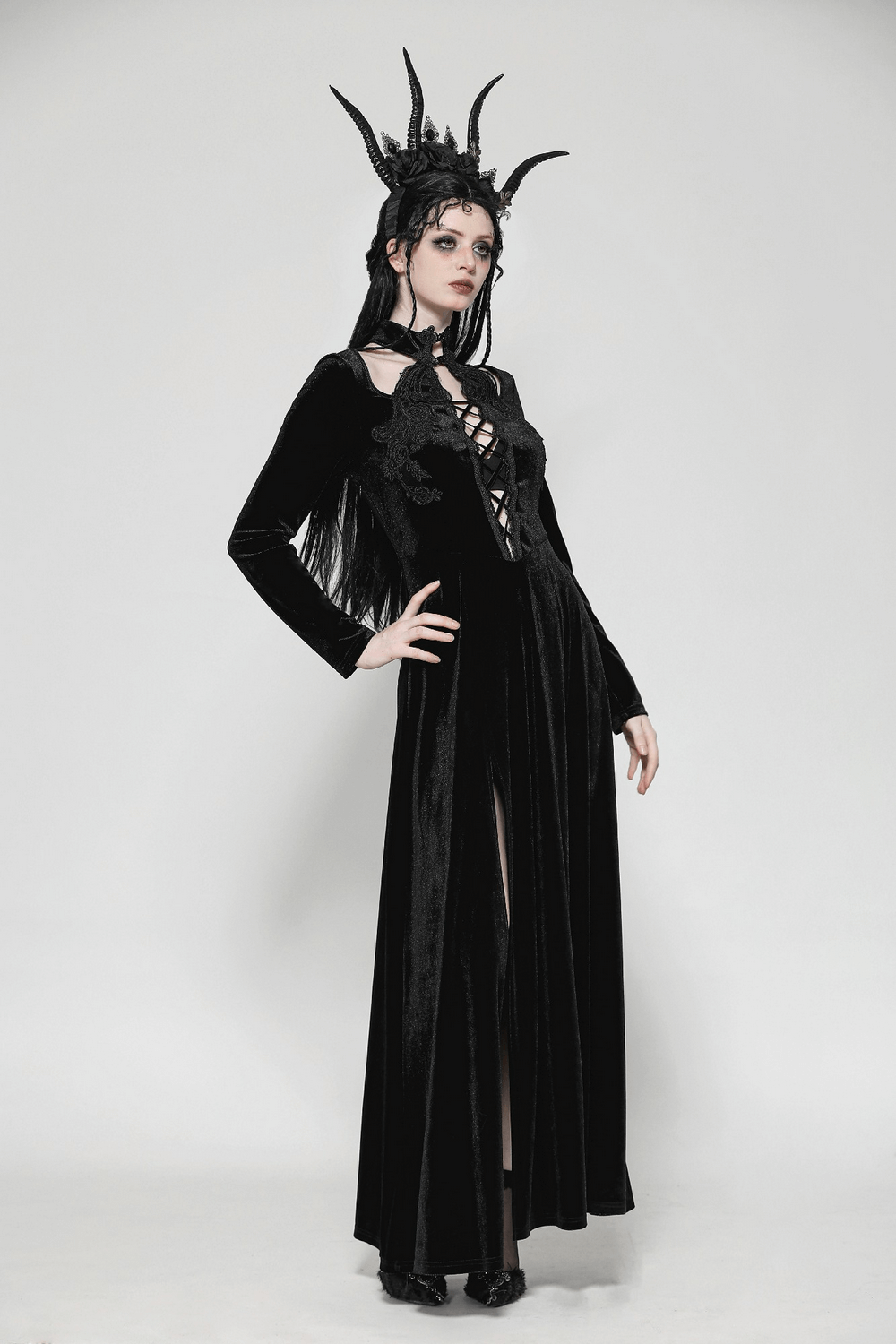 Gothic Lace-Up Velvet Dress with Ruffled Details and Slit - image 13