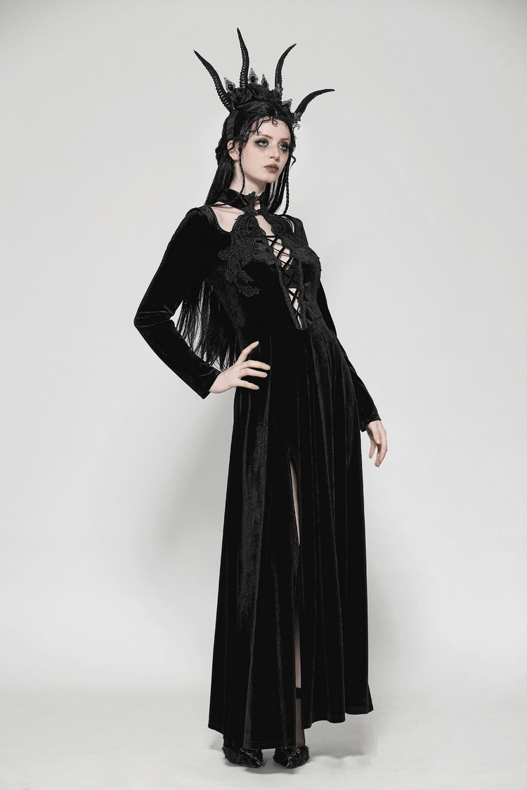 Gothic Lace-Up Velvet Dress with Ruffled Details and Slit - image 13