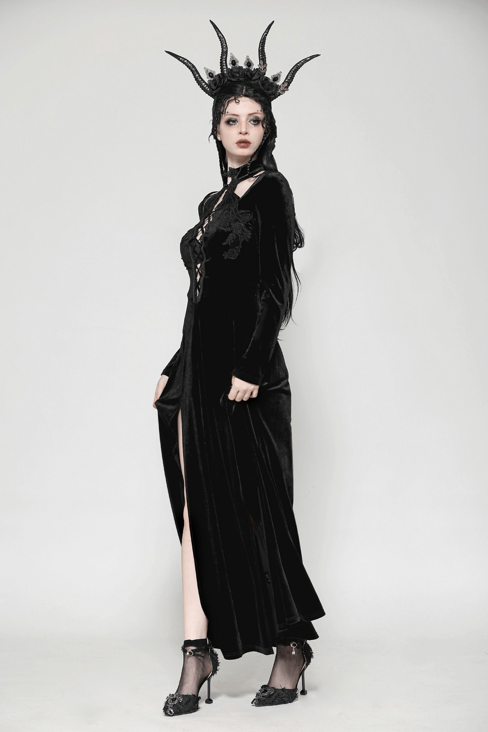 Gothic Lace-Up Velvet Dress with Ruffled Details and Slit - image 14