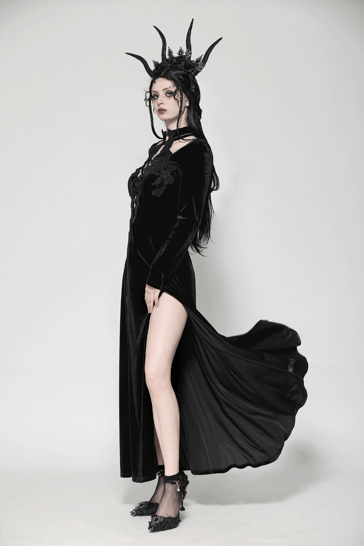 Gothic Lace-Up Velvet Dress with Ruffled Details and Slit - image 16