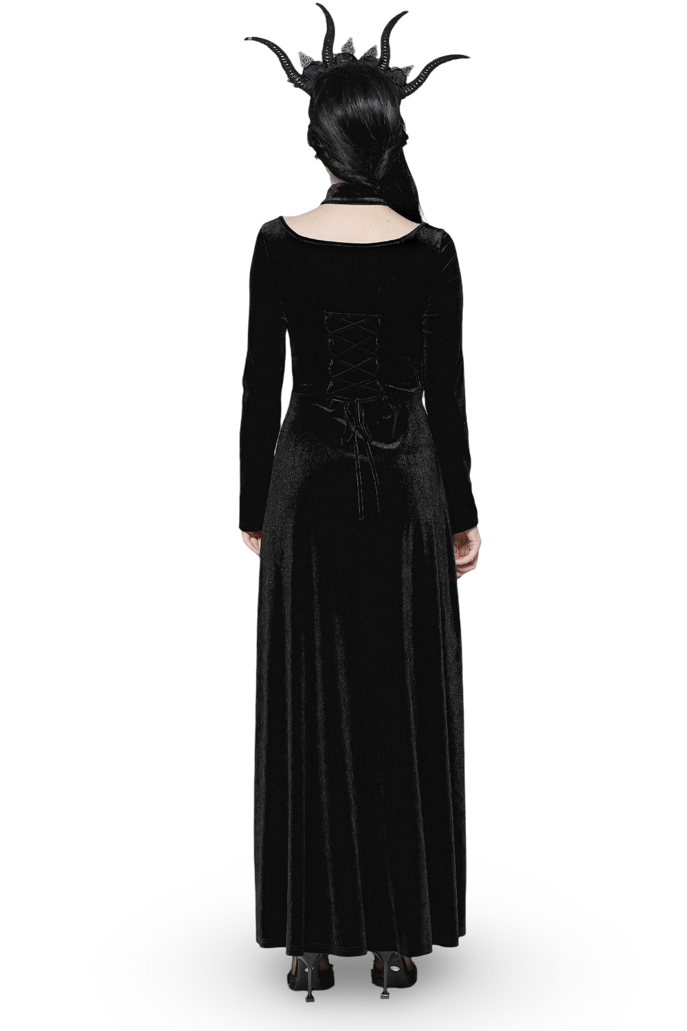 Gothic Lace-Up Velvet Dress with Ruffled Details and Slit - image 2
