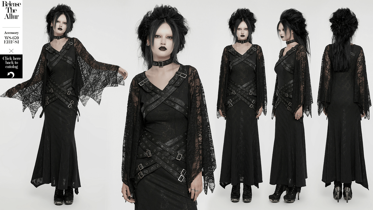 Gothic Lace V-Neck Long Dress with Batwing Sleeves - image 14