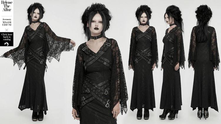 Gothic Lace V-Neck Long Dress with Batwing Sleeves - image 14