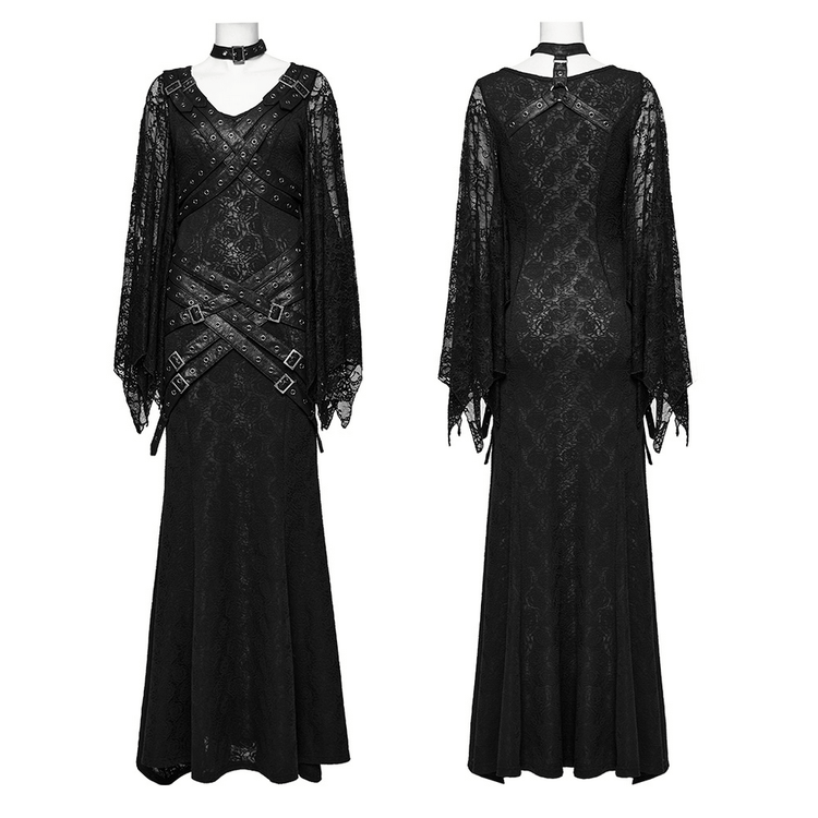 Gothic Lace V-Neck Long Dress with Batwing Sleeves - image 3