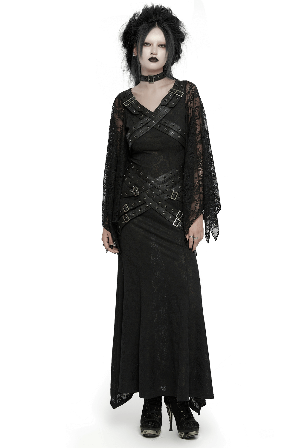 Gothic Lace V-Neck Long Dress with Batwing Sleeves - image 1