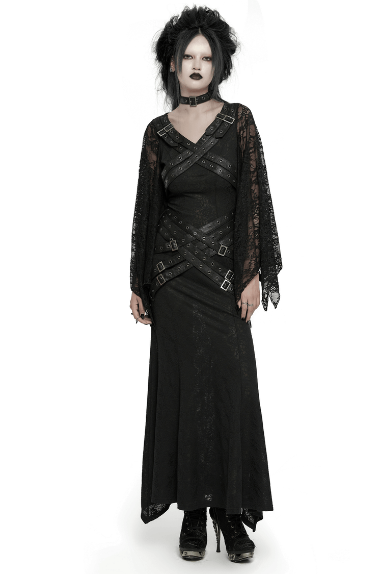 Gothic Lace V-Neck Long Dress with Batwing Sleeves - image 1