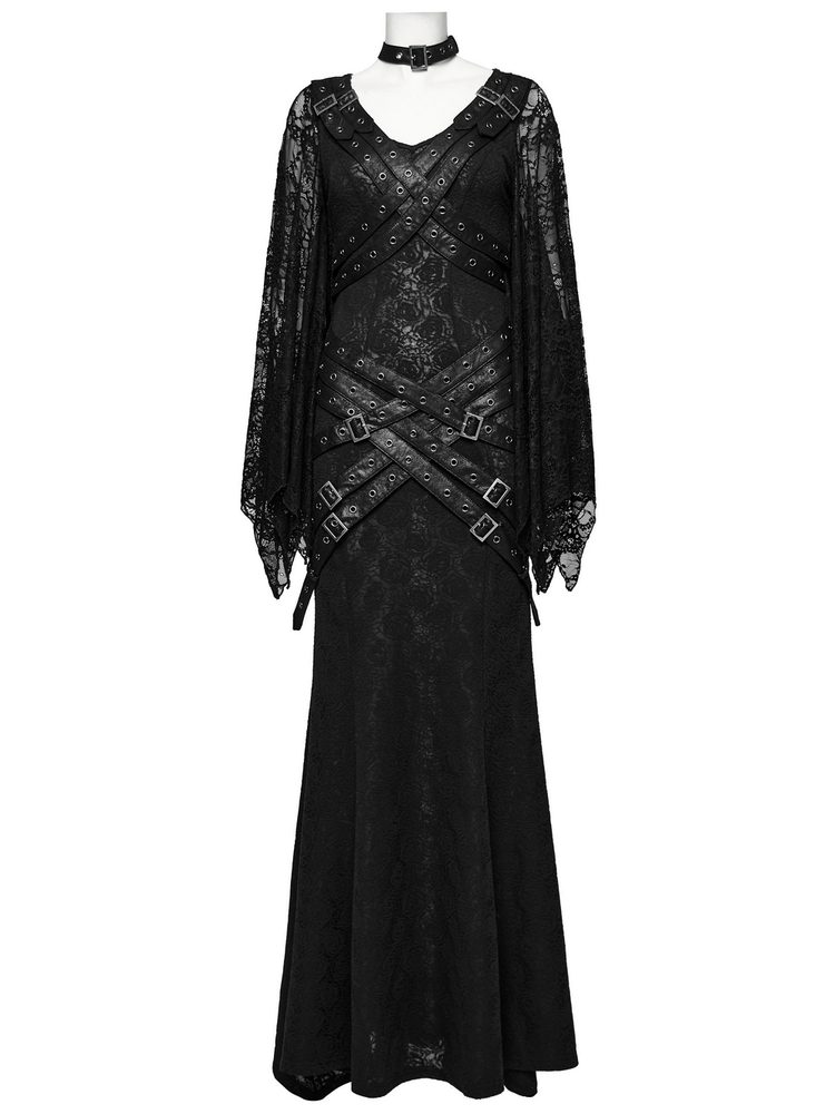 Gothic Lace V-Neck Long Dress with Batwing Sleeves - image 4