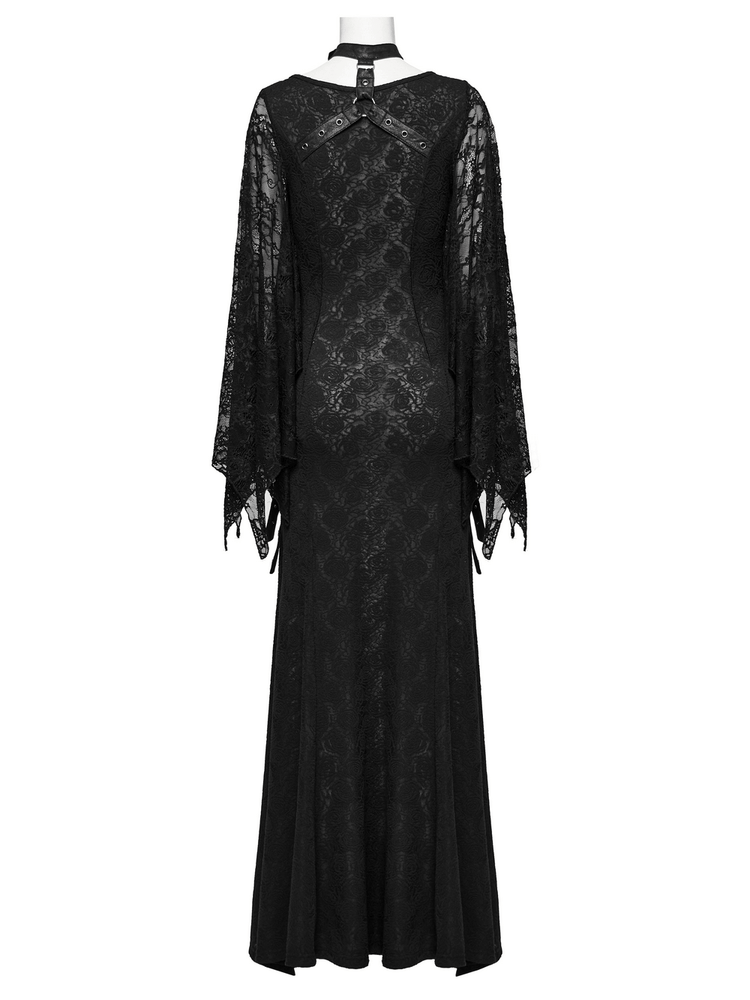 Gothic Lace V-Neck Long Dress with Batwing Sleeves - image 6