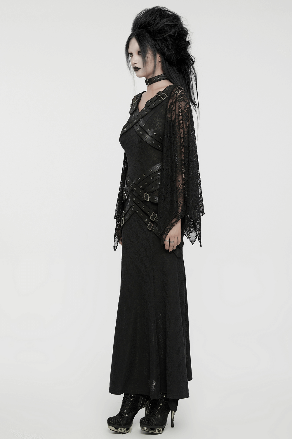 Gothic Lace V-Neck Long Dress with Batwing Sleeves - image 12
