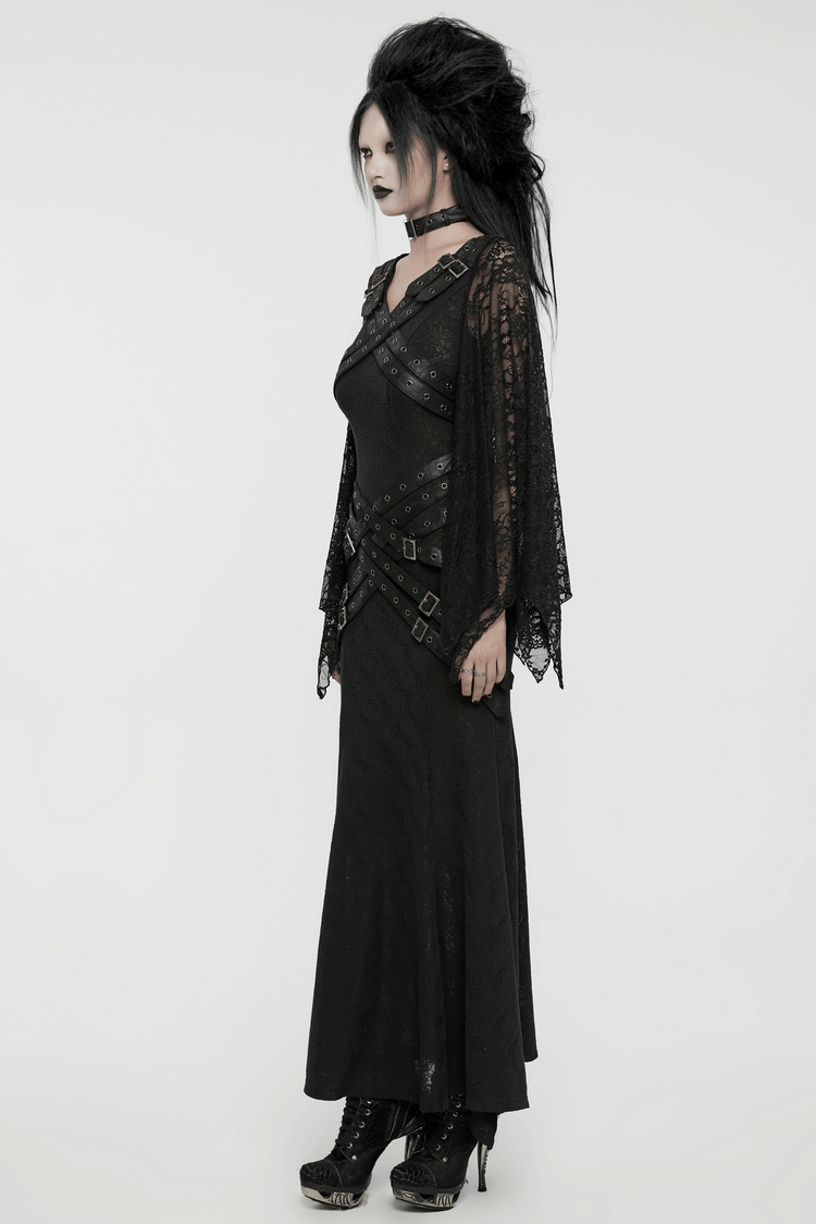 Gothic Lace V-Neck Long Dress with Batwing Sleeves - image 12