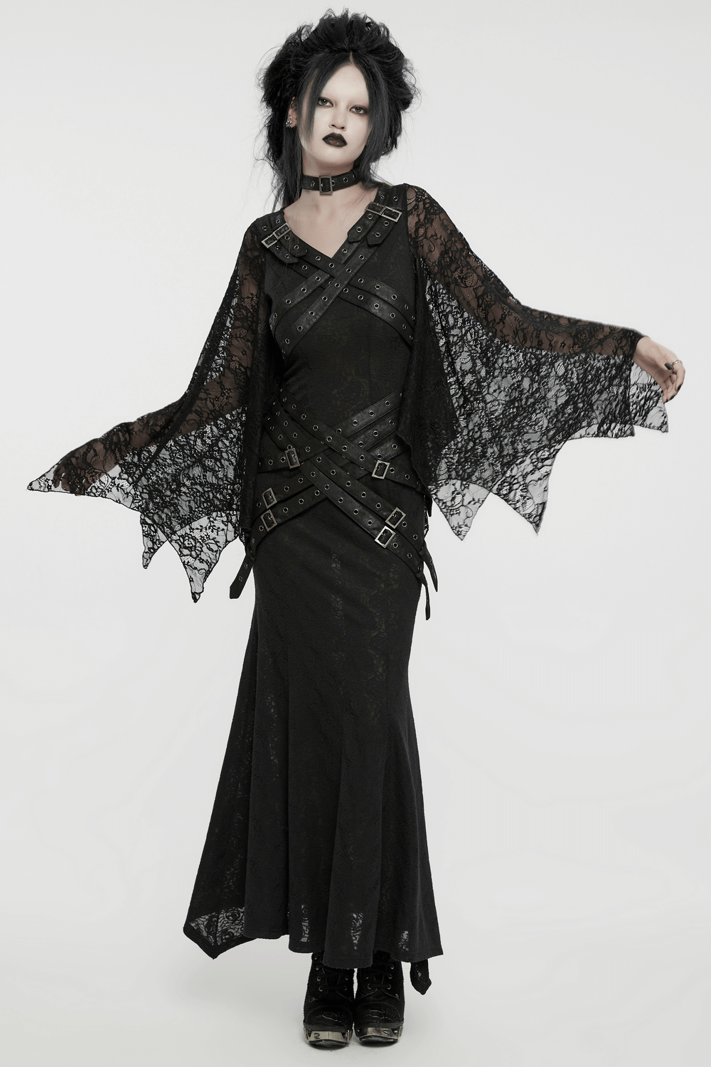 Gothic Lace V-Neck Long Dress with Batwing Sleeves - image 13
