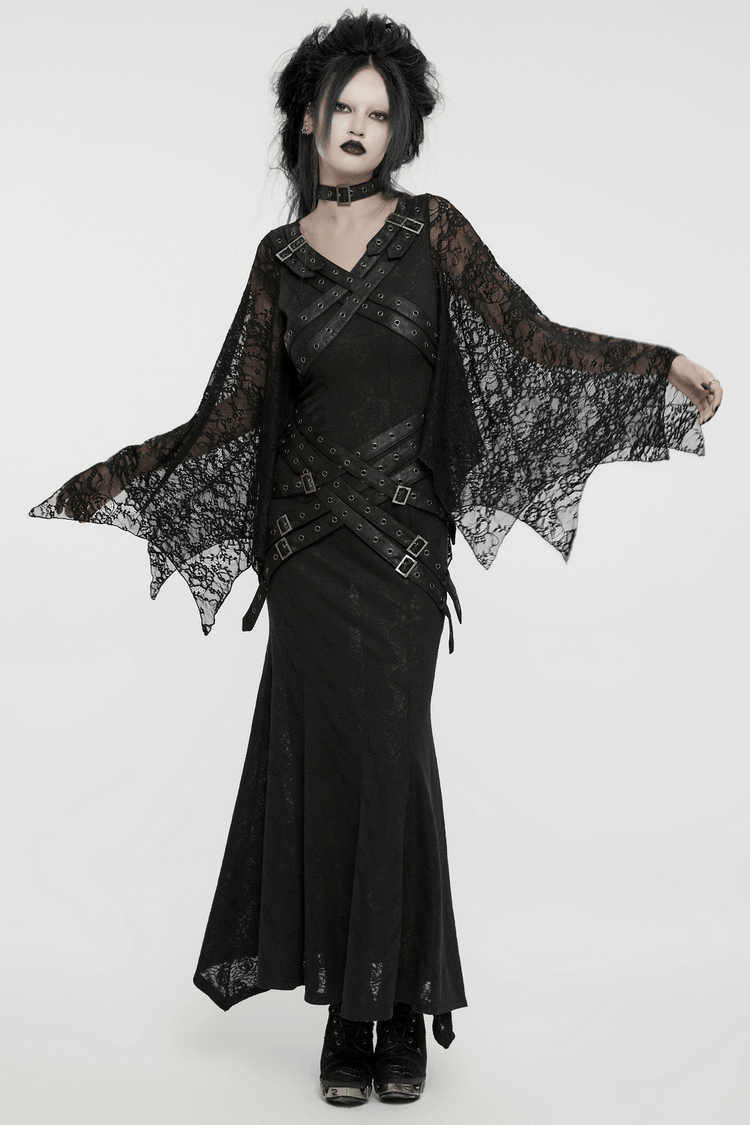 Gothic Lace V-Neck Long Dress with Batwing Sleeves - image 13