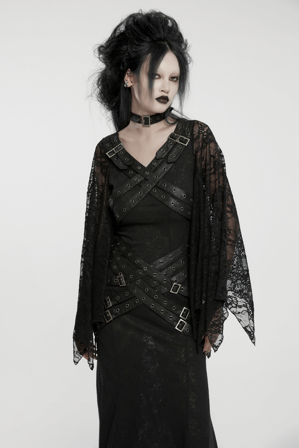 Gothic Lace V-Neck Long Dress with Batwing Sleeves - image 11