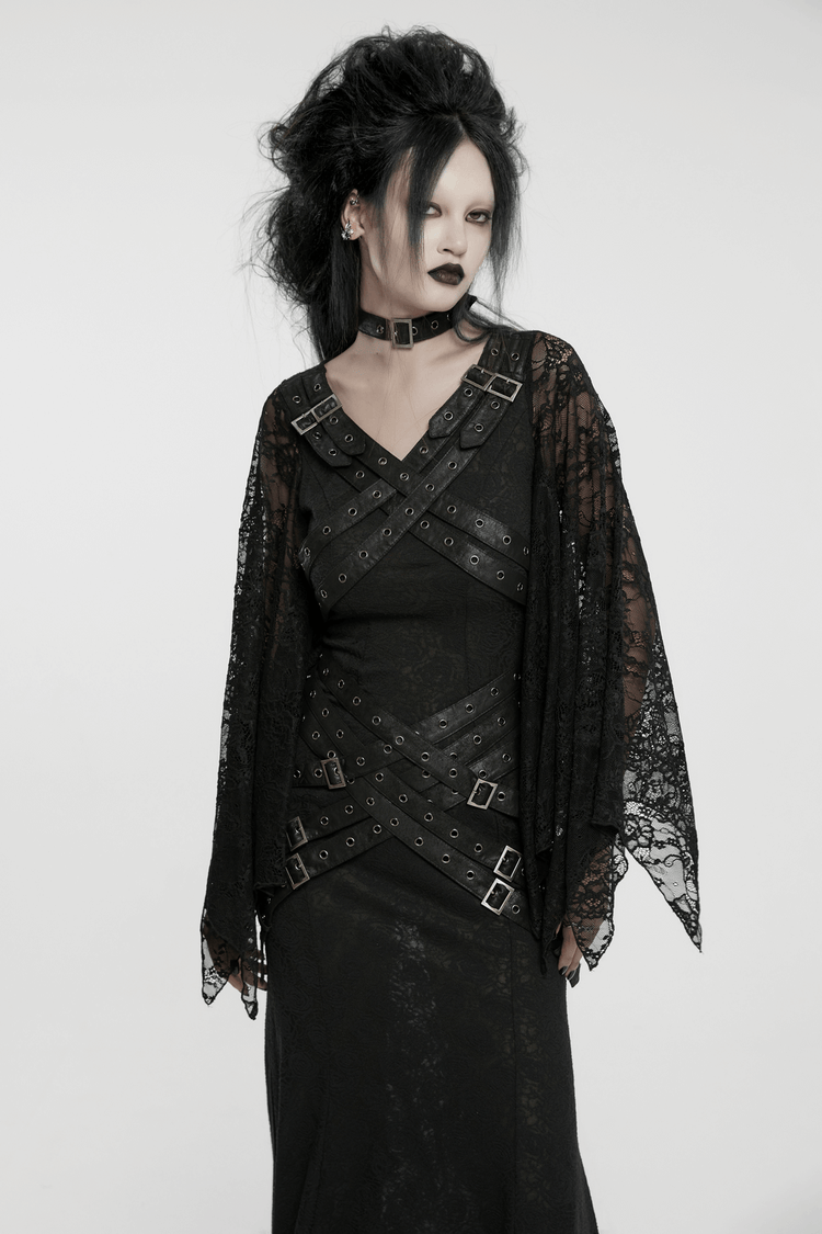 Gothic Lace V-Neck Long Dress with Batwing Sleeves - image 11