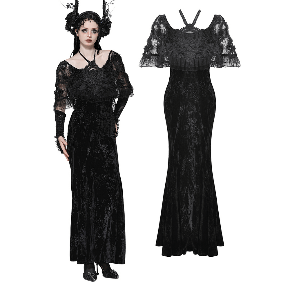 Gothic Lace Velvet Maxi Dress with Ruffled Hem - image 3