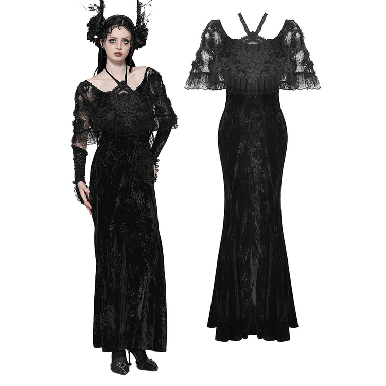 Gothic Lace Velvet Maxi Dress with Ruffled Hem - image 3