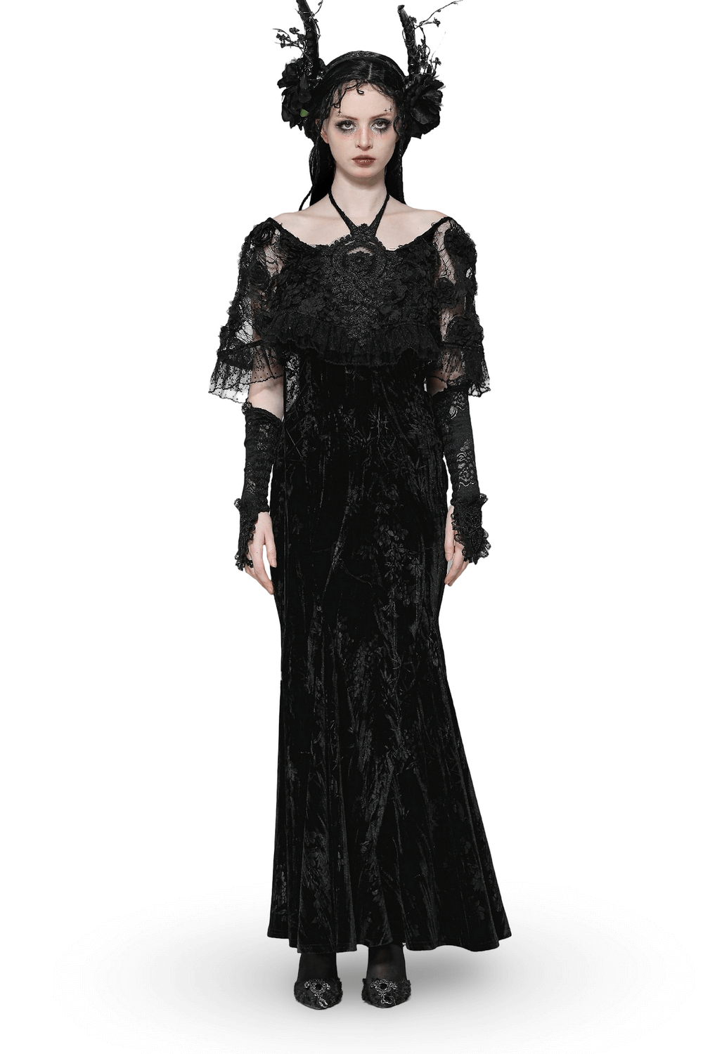 Gothic Lace Velvet Maxi Dress with Ruffled Hem - image 1