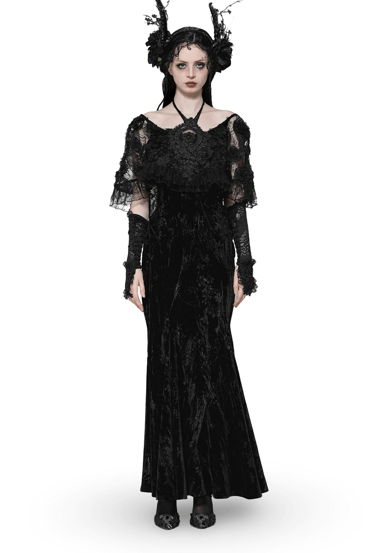 Gothic Lace Velvet Maxi Dress with Ruffled Hem - image 1