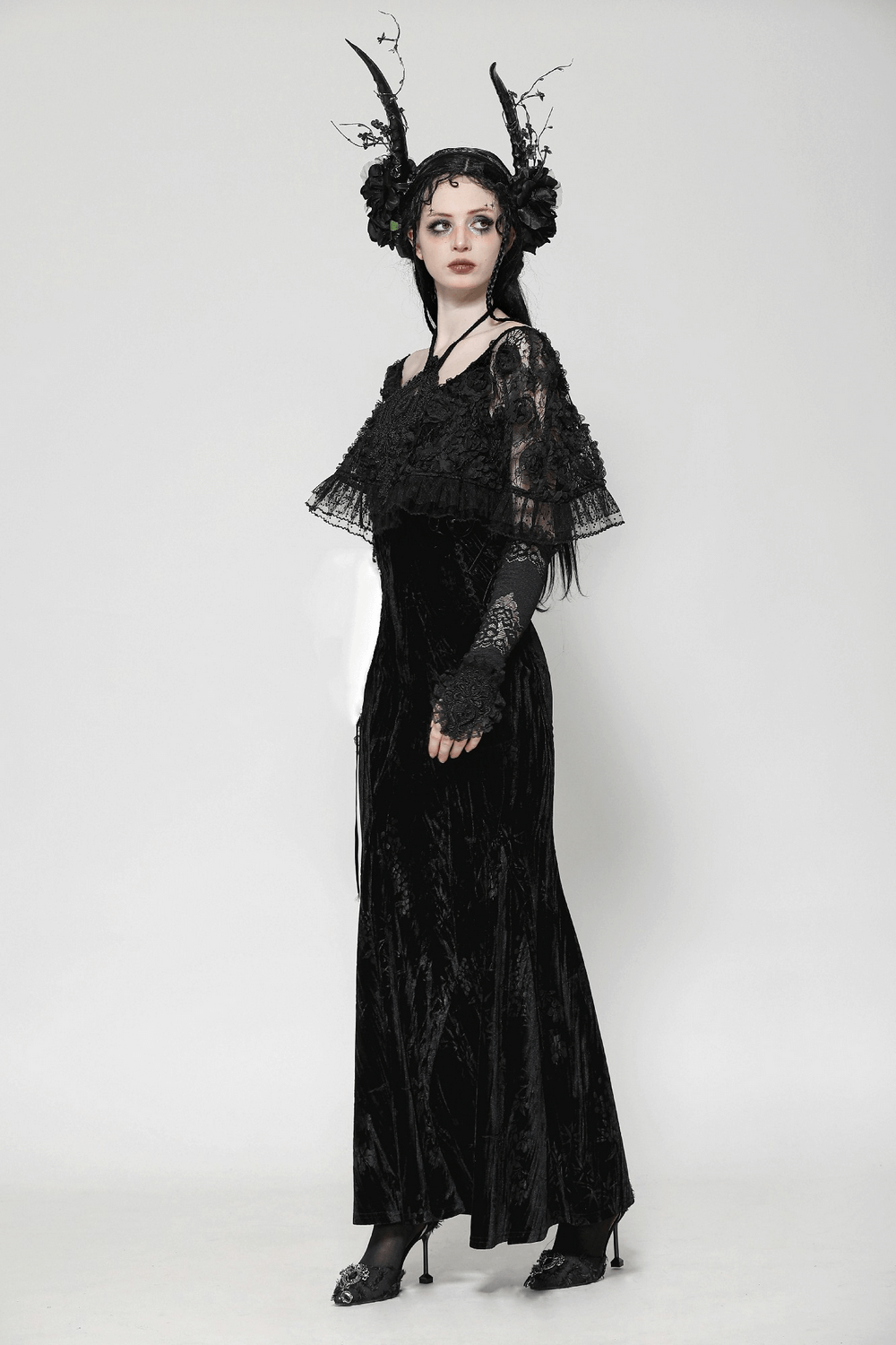 Gothic Lace Velvet Maxi Dress with Ruffled Hem - image 13