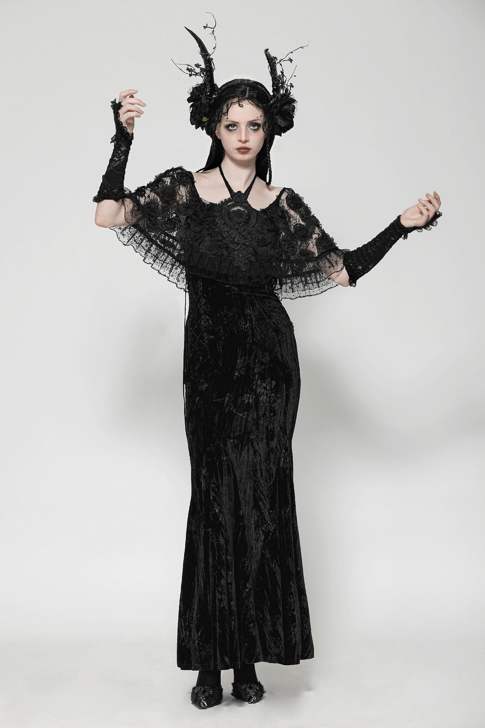Gothic Lace Velvet Maxi Dress with Ruffled Hem - image 14