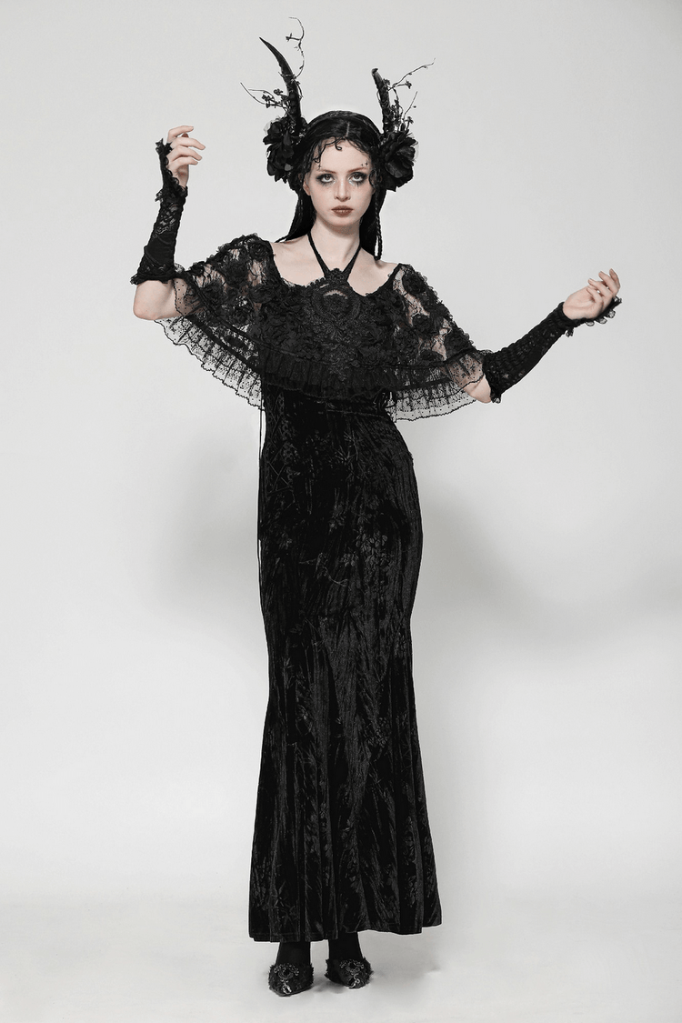 Gothic Lace Velvet Maxi Dress with Ruffled Hem - image 14