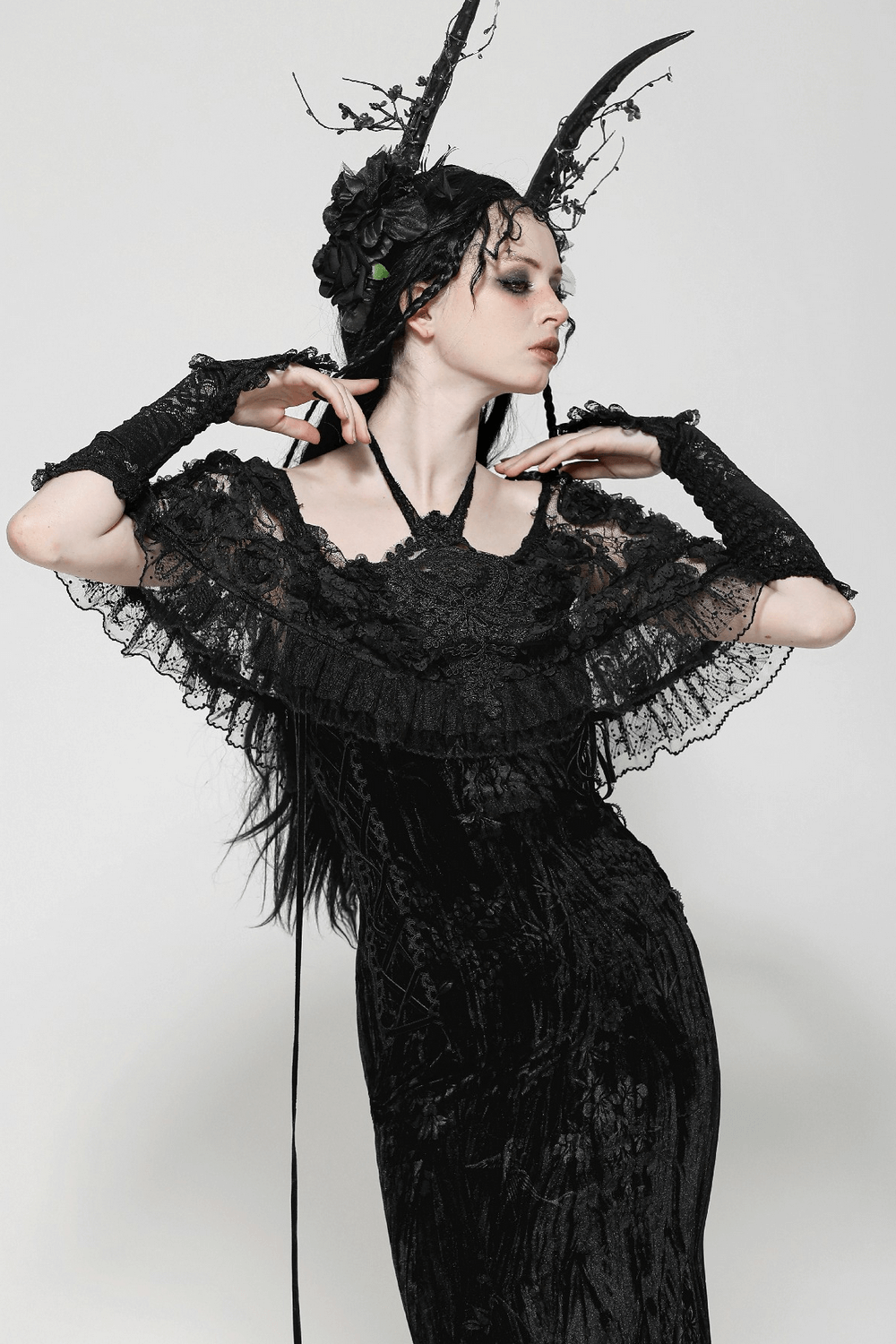 Gothic Lace Velvet Maxi Dress with Ruffled Hem - image 16