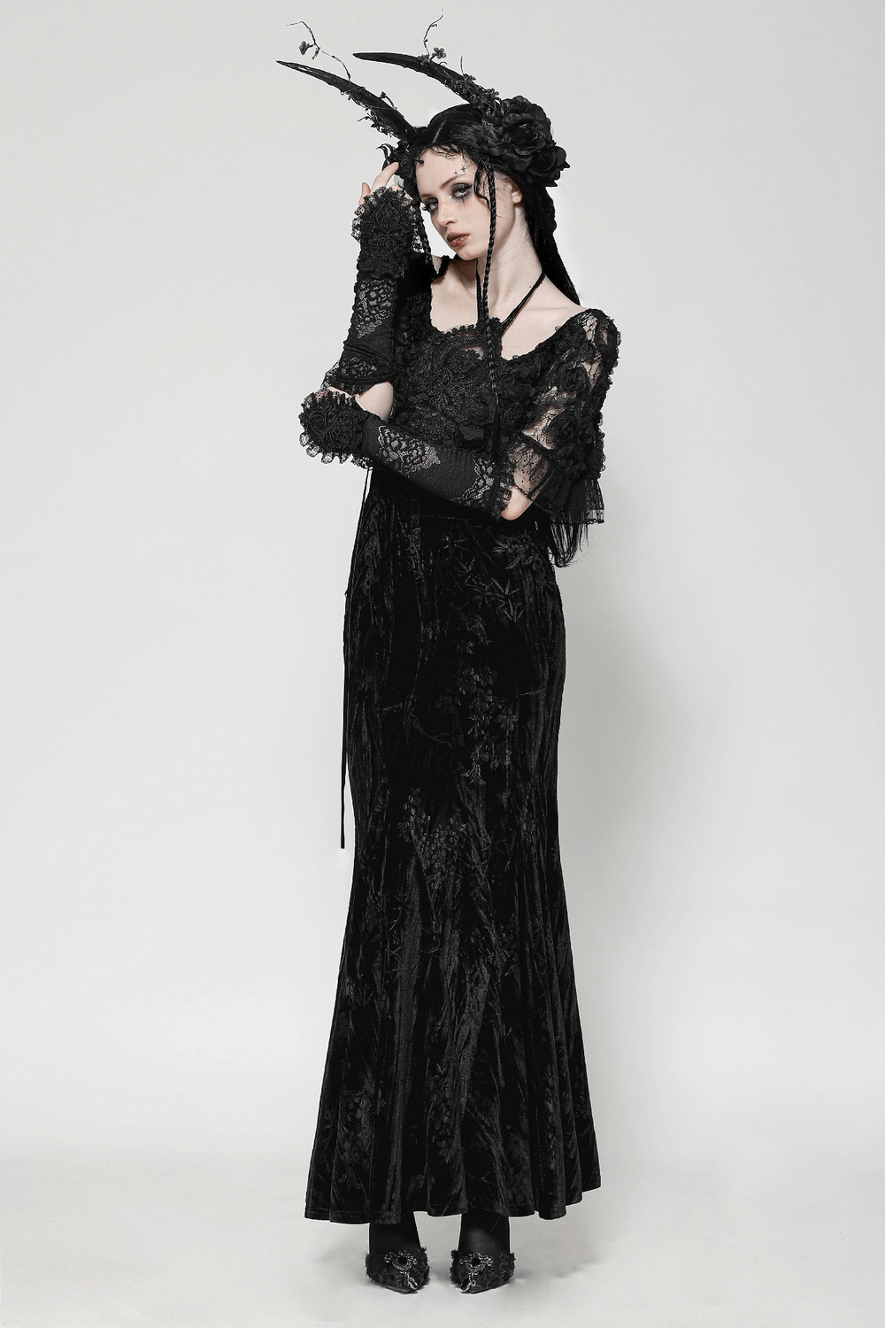 Gothic Lace Velvet Maxi Dress with Ruffled Hem - image 15