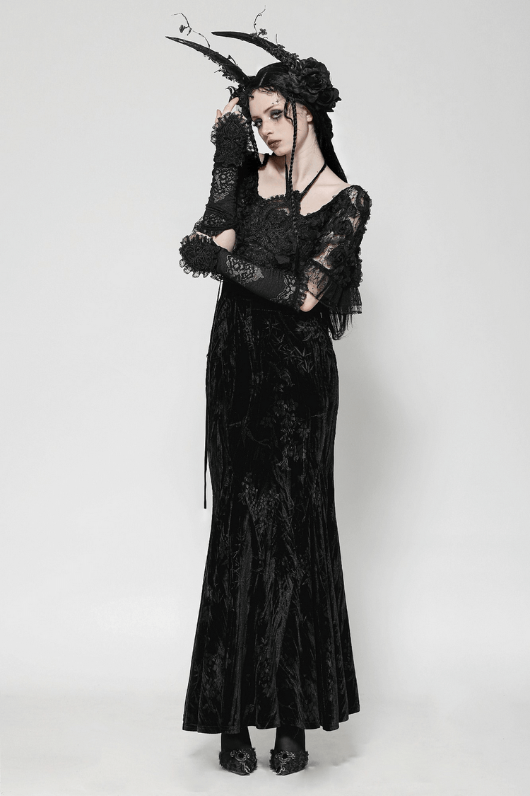 Gothic Lace Velvet Maxi Dress with Ruffled Hem - image 15