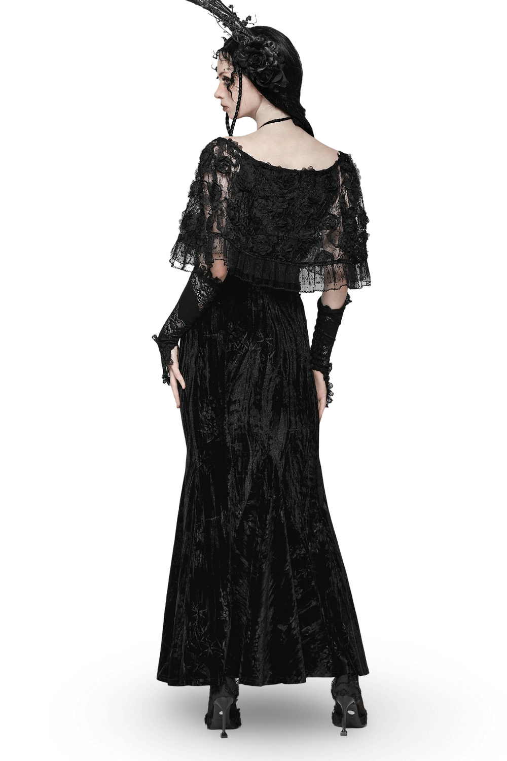 Gothic Lace Velvet Maxi Dress with Ruffled Hem - image 2
