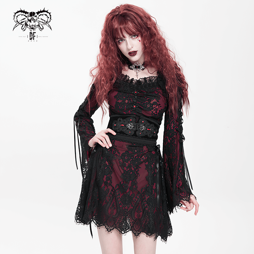 Gothic Lace Wine Red and Black Long Sleeve Mini Dress - image 14