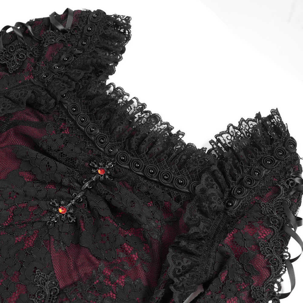 Gothic Lace Wine Red and Black Long Sleeve Mini Dress - image 9
