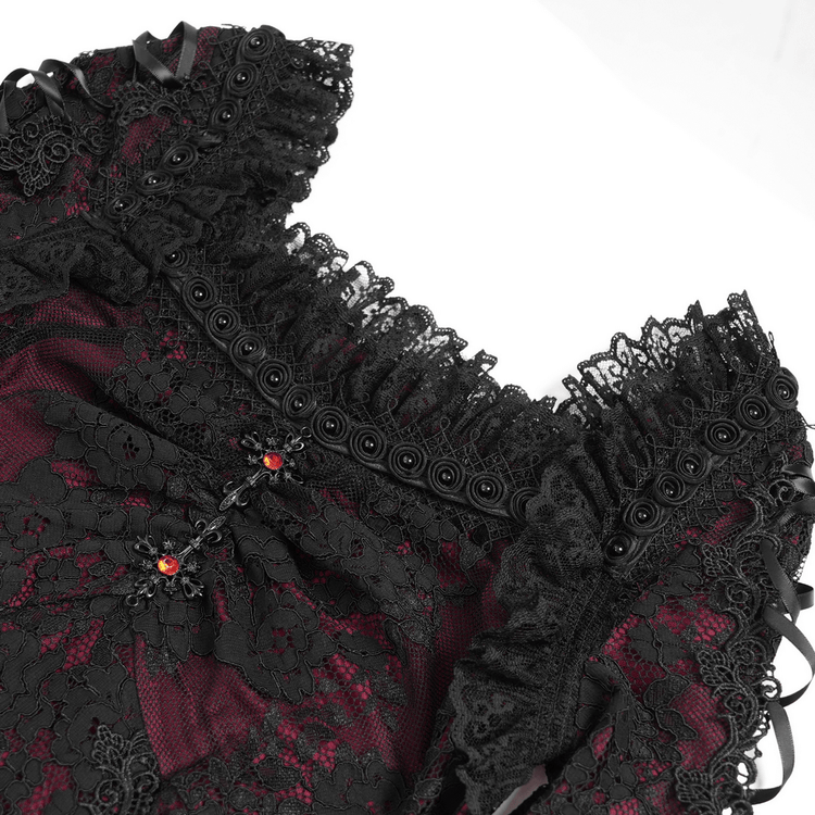 Gothic Lace Wine Red and Black Long Sleeve Mini Dress - image 9