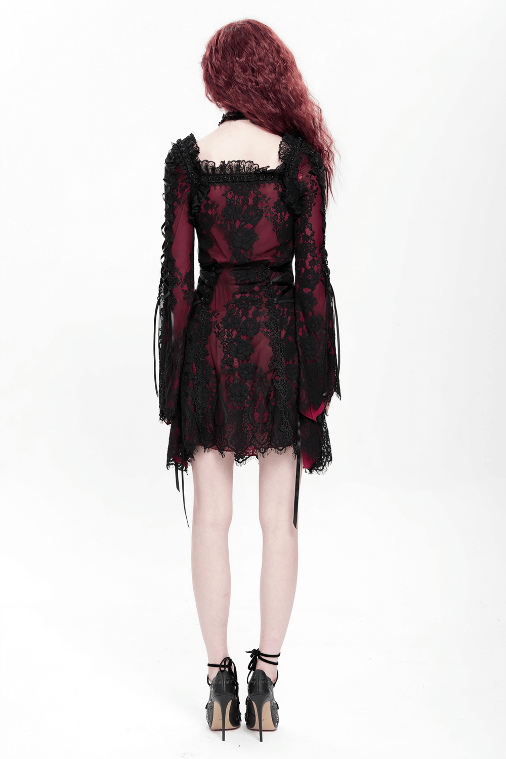 Gothic Lace Wine Red and Black Long Sleeve Mini Dress - image 18
