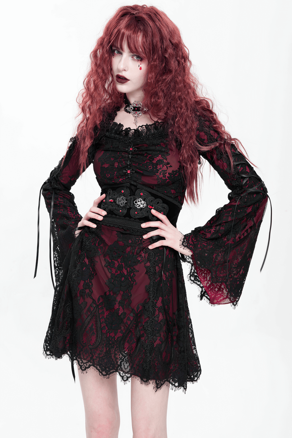 Gothic Lace Wine Red and Black Long Sleeve Mini Dress - image 16