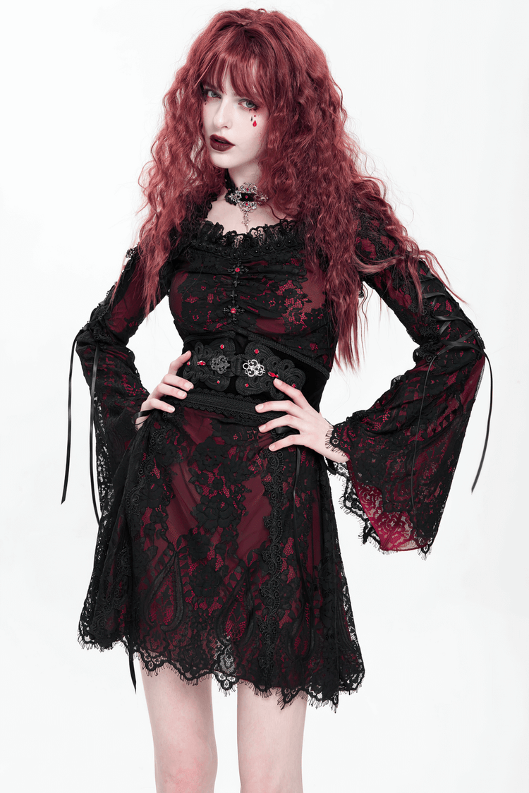 Gothic Lace Wine Red and Black Long Sleeve Mini Dress - image 16