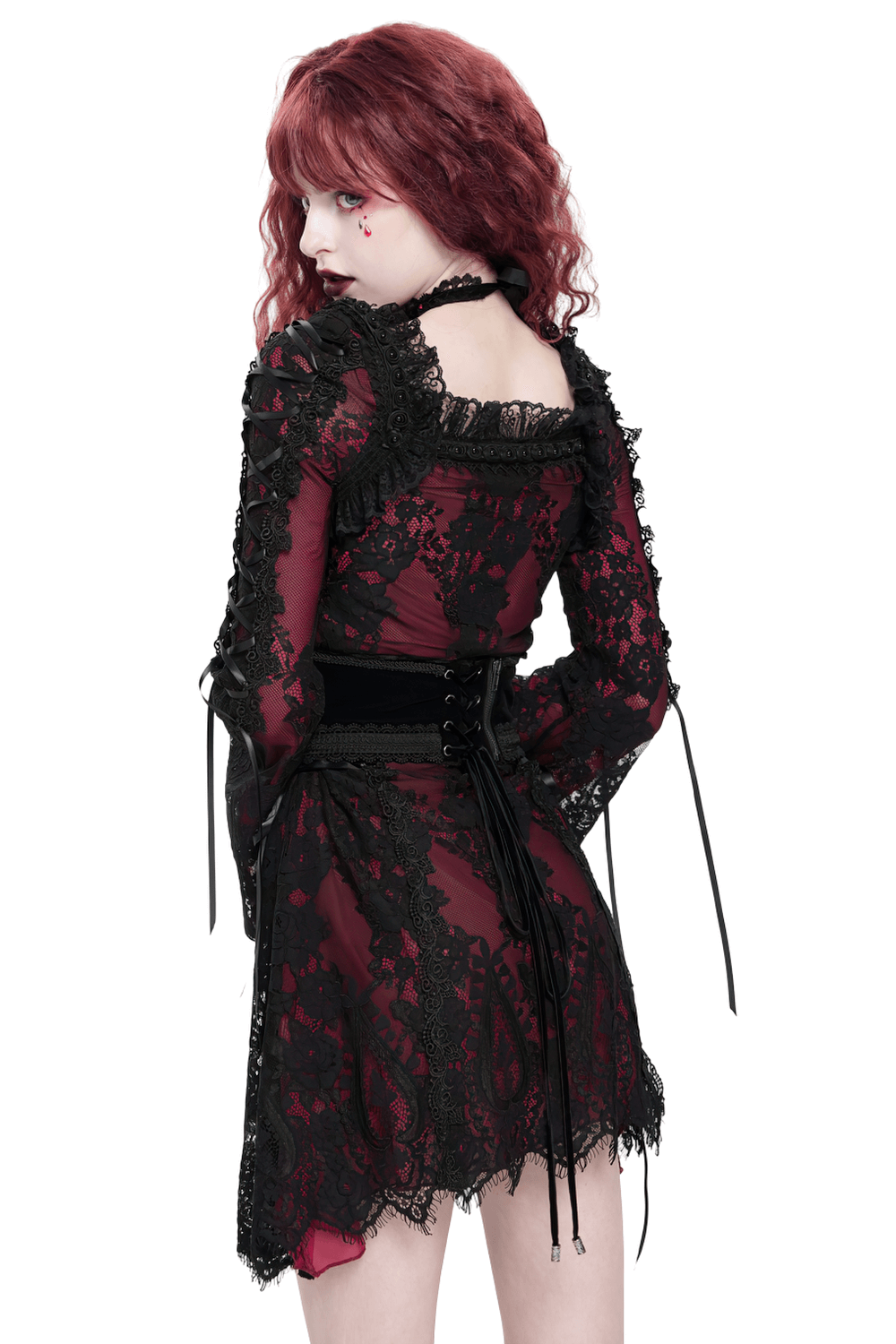 Gothic Lace Wine Red and Black Long Sleeve Mini Dress - image 2