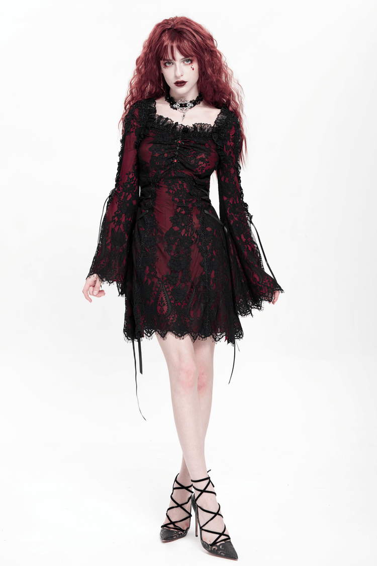 Gothic Lace Wine Red and Black Long Sleeve Mini Dress - image 17