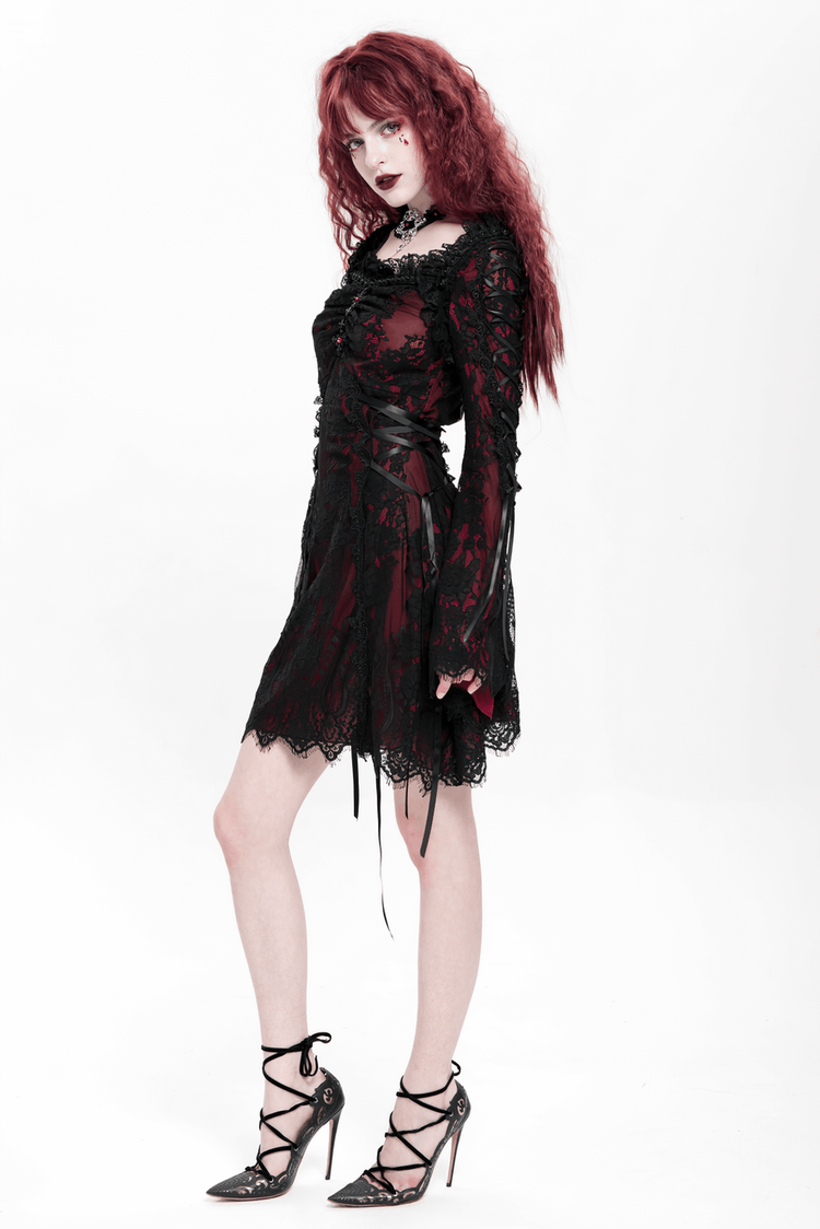 Gothic Lace Wine Red and Black Long Sleeve Mini Dress - image 19