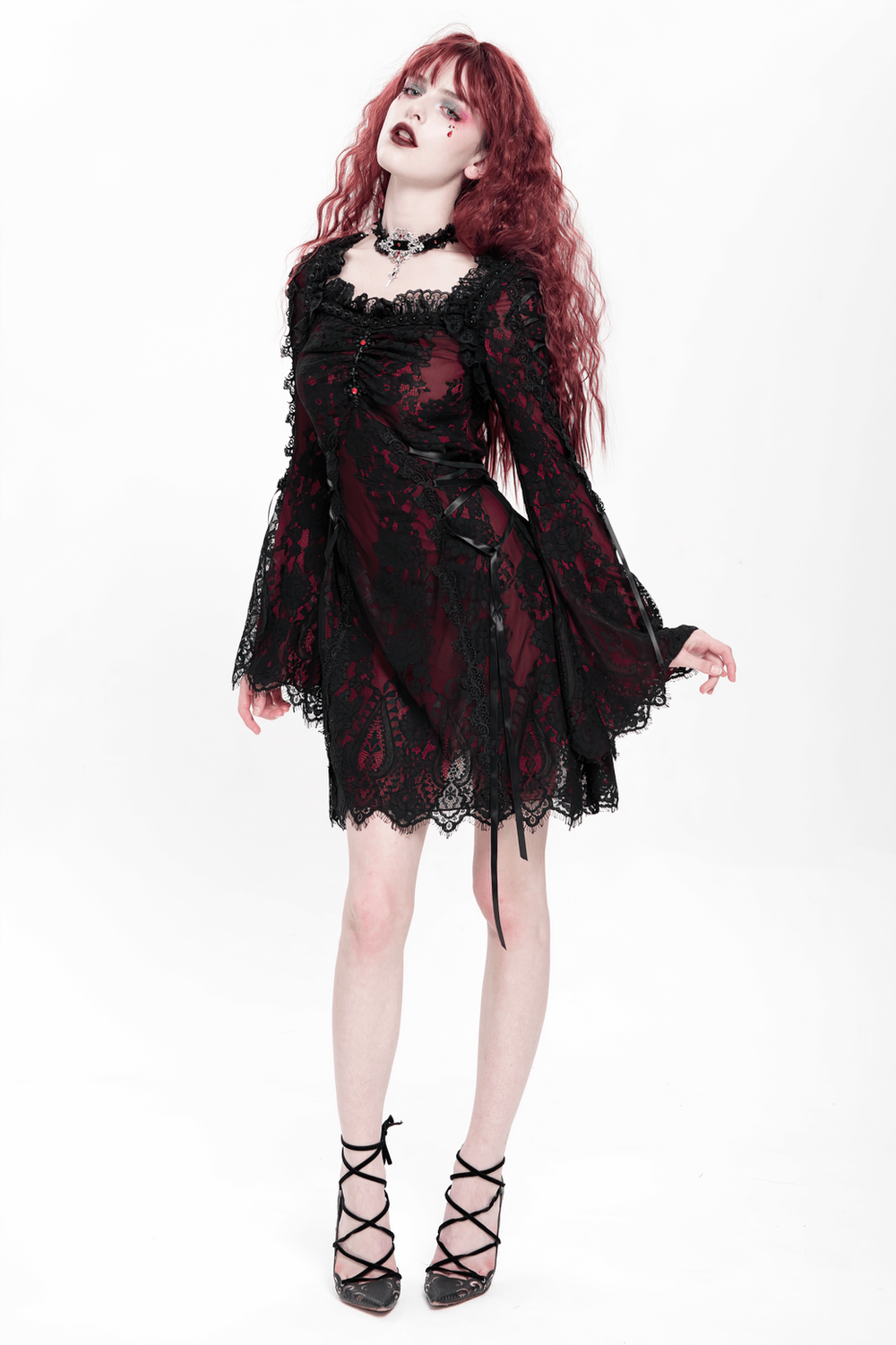 Gothic Lace Wine Red and Black Long Sleeve Mini Dress - image 20