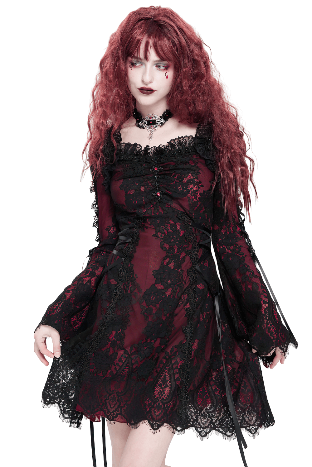 Gothic Lace Wine Red and Black Long Sleeve Mini Dress - image 1
