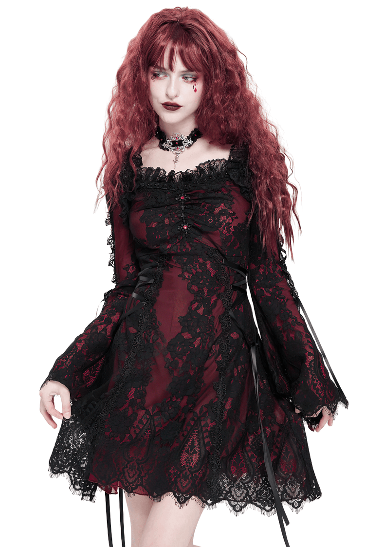 Gothic Lace Wine Red and Black Long Sleeve Mini Dress - image 1