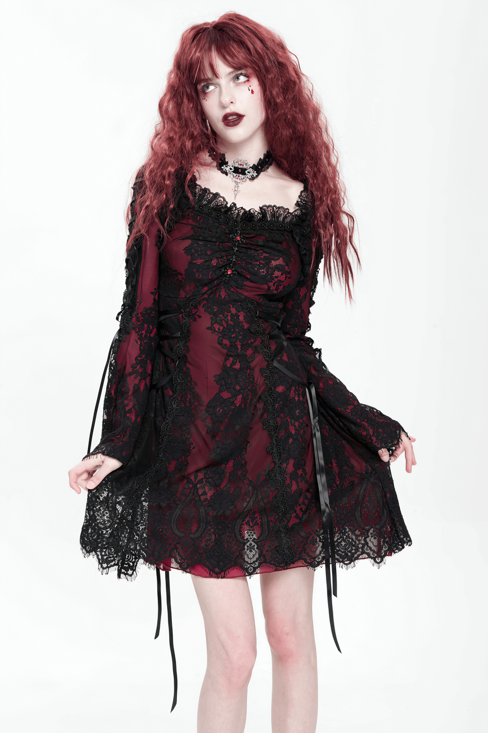 Gothic Lace Wine Red and Black Long Sleeve Mini Dress - image 15
