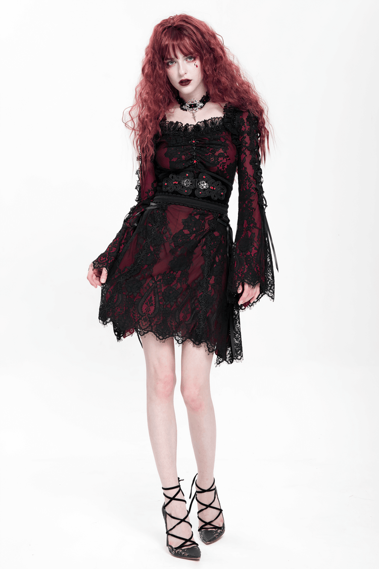 Gothic Lace Wine Red and Black Long Sleeve Mini Dress - image 21