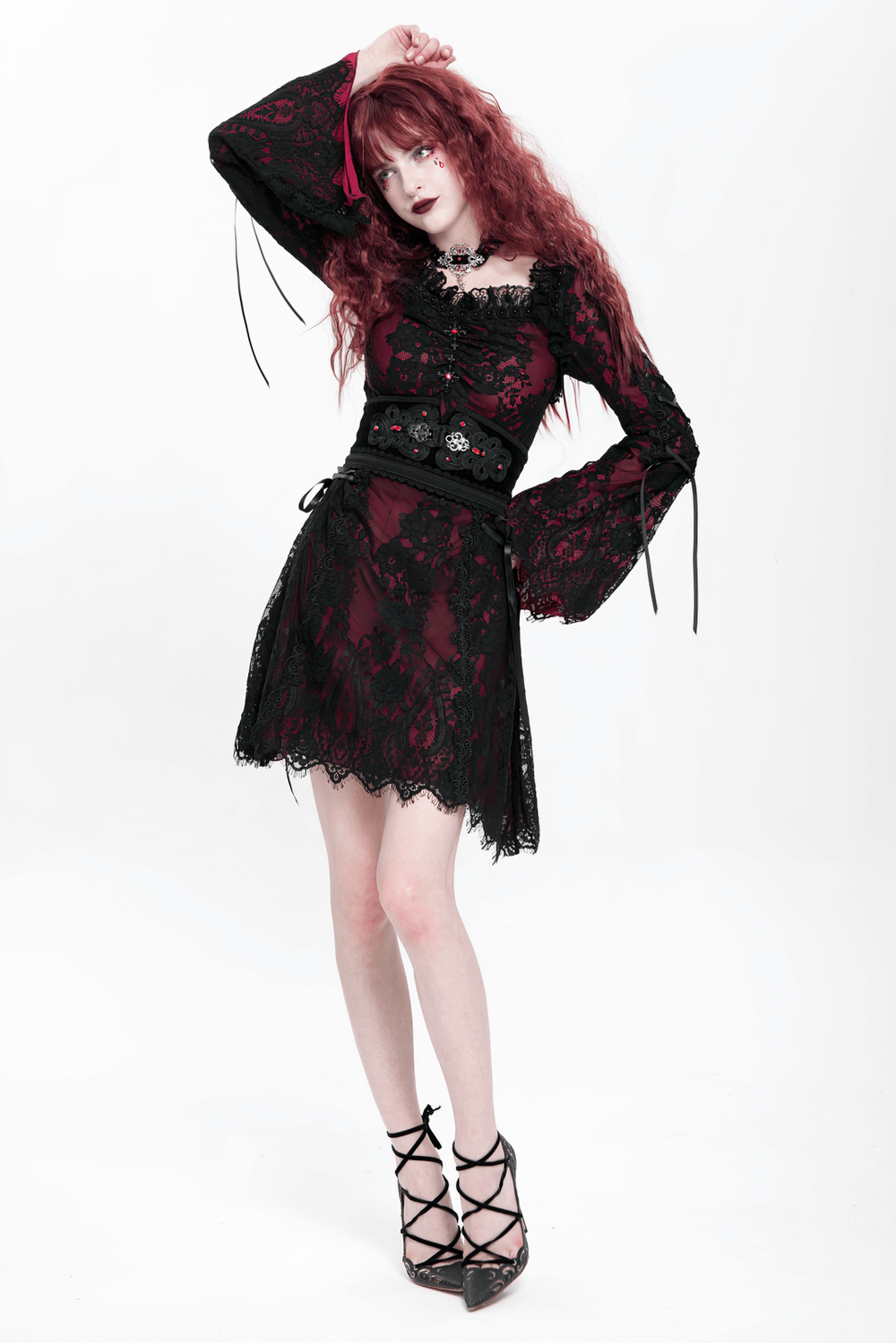 Gothic Lace Wine Red and Black Long Sleeve Mini Dress - image 22