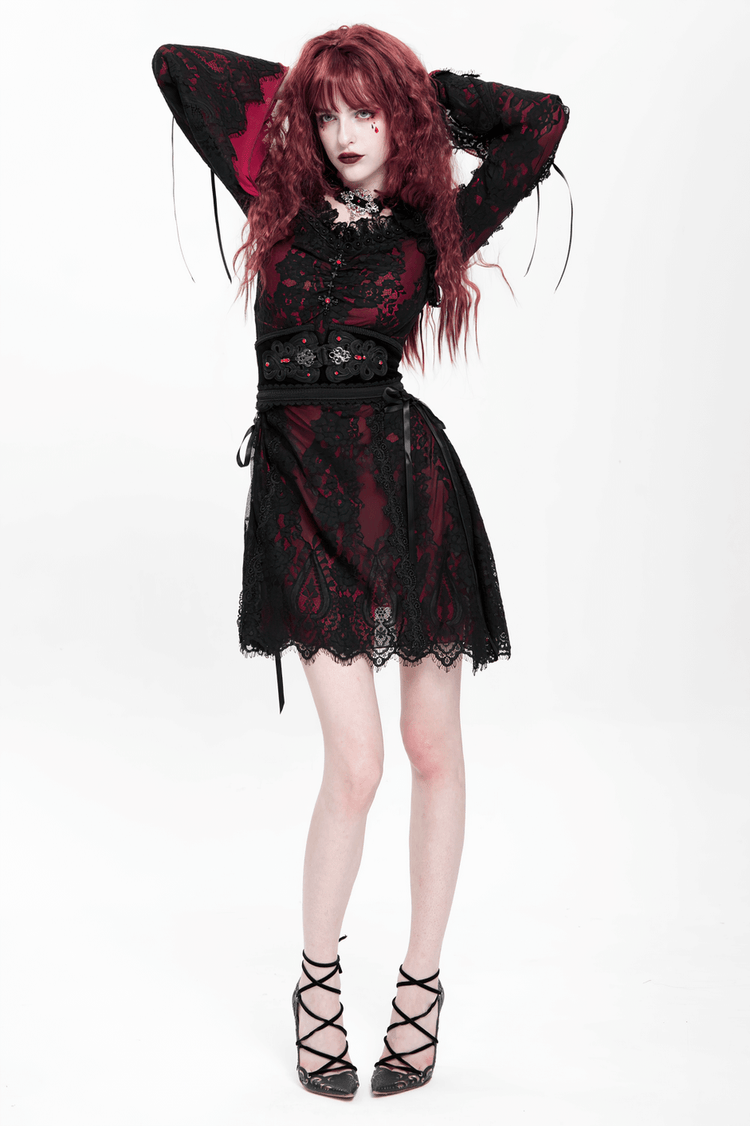 Gothic Lace Wine Red and Black Long Sleeve Mini Dress - image 23