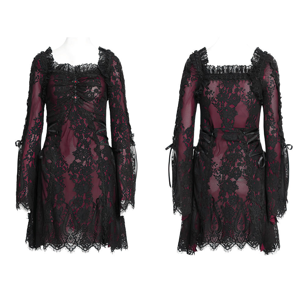 Gothic Lace Wine Red and Black Long Sleeve Mini Dress - image 3