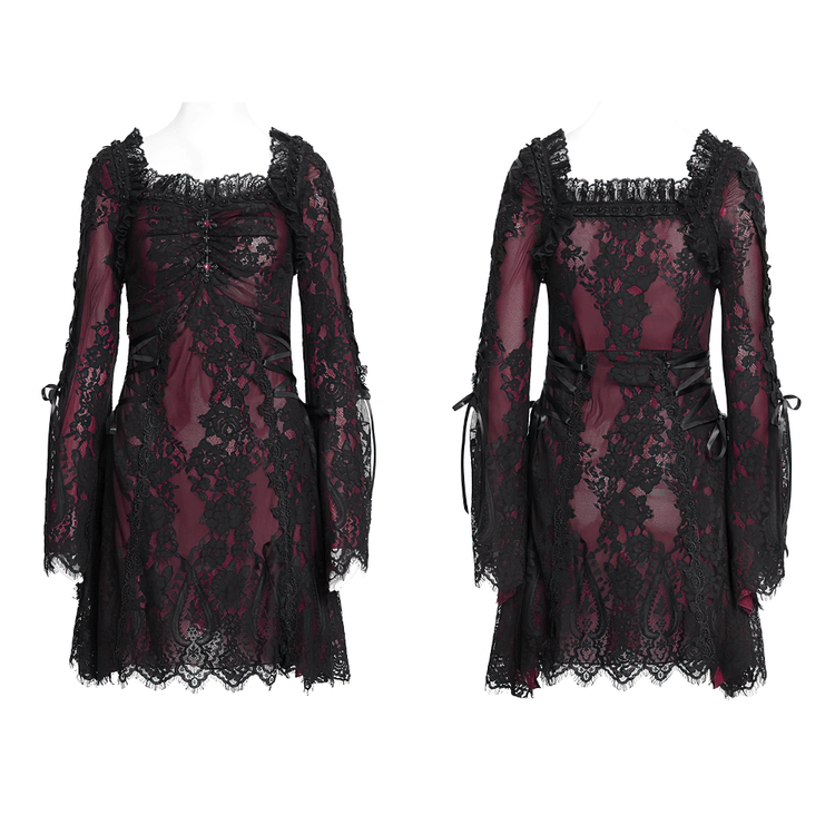 Gothic Lace Wine Red and Black Long Sleeve Mini Dress - image 3